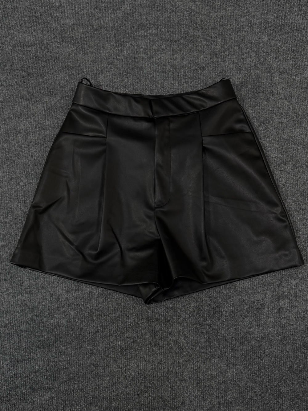 Zara Black Faux Leather high-waisted black tailored pleated shorts